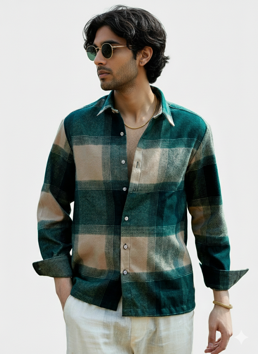 Men’s Green & Beige Plaid Checked Shirt – Soft Cotton Casual Button-Down - Image 4